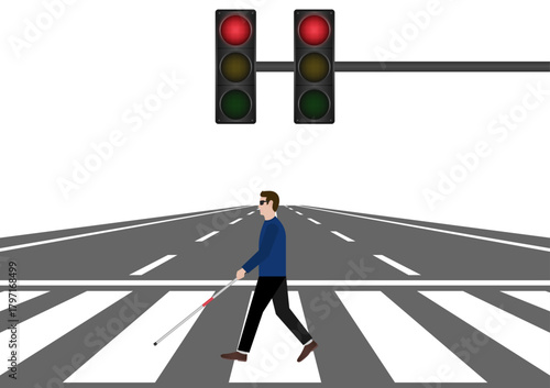 ฺBlind Man with White Cane Walking across Crosswalk in the city. Crosswalk. Pedestrian Crossing Road. Zebra Crossing. Vector Illustration.