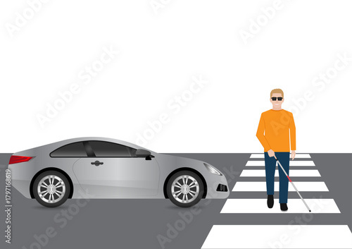 ฺBlind Man with White Cane Walking across Crosswalk in the city. Crosswalk. Pedestrian Crossing Road. Zebra Crossing. Vector Illustration.