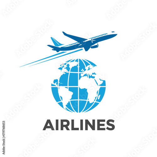 A blue airplane flying above a globe with white continents, the word "AIRLINES" is below