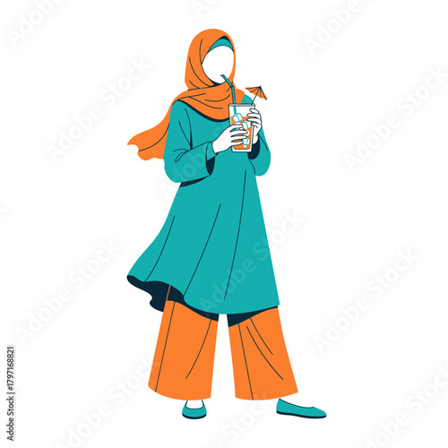 An illustration of a woman in modest attire, wearing a hijab and sipping from a cocktail