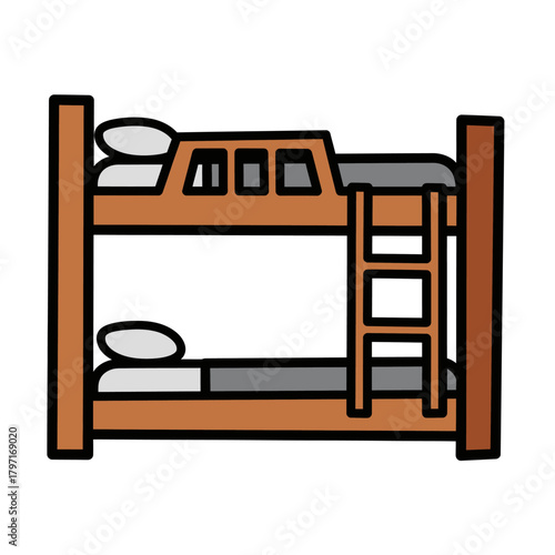 A cartoon-style illustration of bunk beds with pillows and a ladder, rendered in brown and gray tones