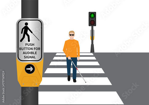 ฺBlind Man with White Cane Walking across Crosswalk in the city. Crosswalk. Pedestrian Crossing Road. Zebra Crossing. Vector Illustration.