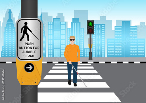ฺBlind Man with White Cane Walking across Crosswalk in the city. Crosswalk. Pedestrian Crossing Road. Zebra Crossing. Vector Illustration.