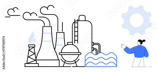 Factory buildings, smokestacks emitting smoke, storage tanks, cogwheel icon, professional figure gesturing, water waves. Ideal for industries, production, energy technology environment workforce