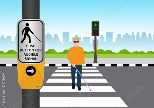 ฺBlind Man with White Cane Walking across Crosswalk in the city. Crosswalk. Pedestrian Crossing Road. Zebra Crossing. Vector Illustration.