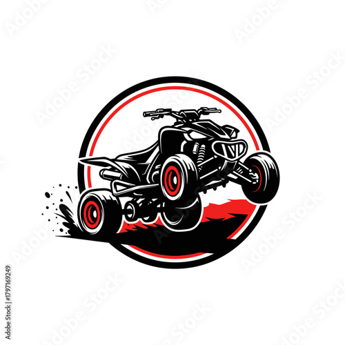 Bold emblem of a quad bike in mid-air, within a circle, showcasing speed and energy