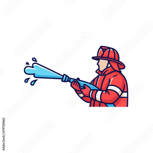 A cartoon firefighter in red gear, helmet, spraying water with a hose. Water droplets shown