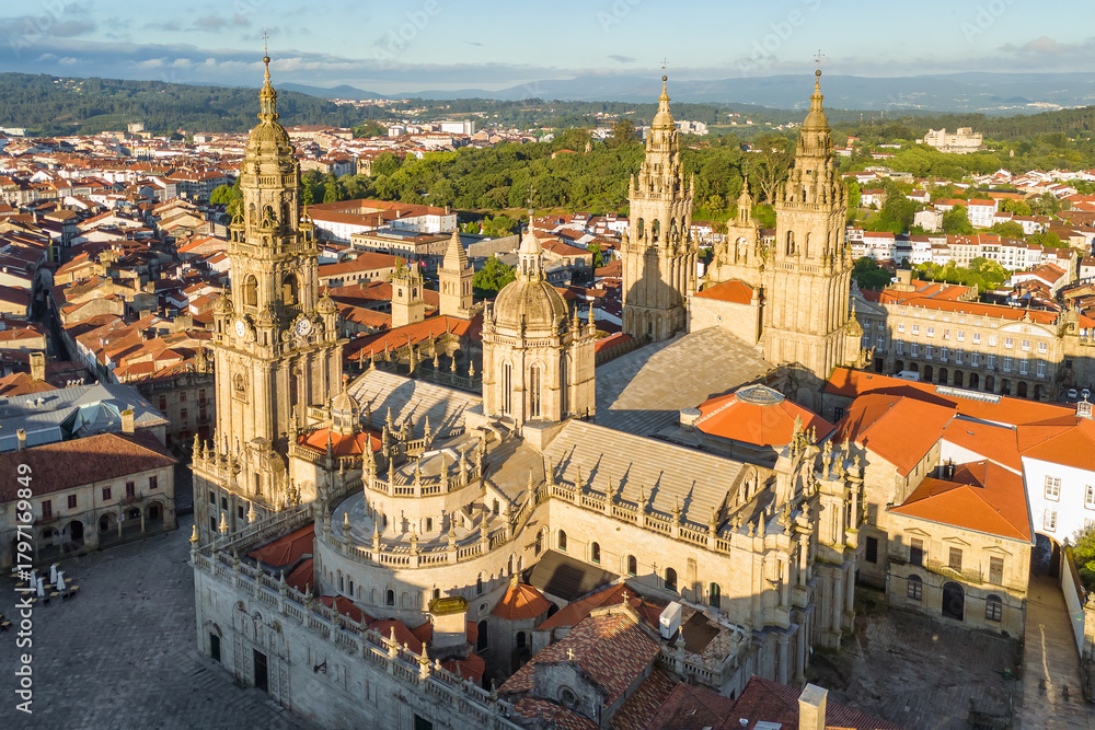 Fototapeta premium Aerial view of the Cathedral of Santiago de Compostela at sunrise in Spain