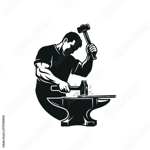 Black and white illustration of a blacksmith hammering metal on an anvil, a craft of heat and shaping