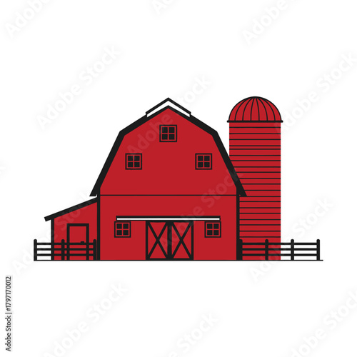A cartoon illustration of a red barn with a silo, fence, small shed and several square windows