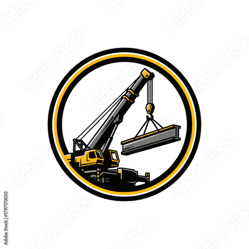 Circular logo depicting a crane lifting an I-beam within a black and yellow outlined circle