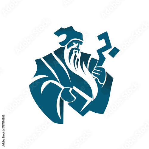 Stylized graphic icon of a wise old wizard, sage, or sorcerer with a long beard and staff, representing magic and fantasy.