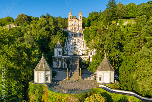 Quadro su tela Aerial of Bom Jesus do Monte Sanctuary at sunset near Braga, Northern Portugal