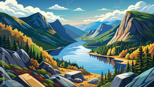 Very beautiful view of Echo Lake from Artist’s Bluff in Franconia Notch State Park, White Mountains, New Hampshire, featuring calm reflective waters, surrounding forested slopes, and dramatic mountain