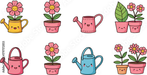 Cute cartoon watering cans and flower pots with smiling faces, adorable gardening illustration with pink and blue colors