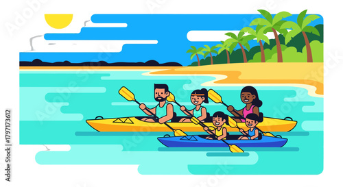 Joyful Family Paddling Kayaks on Sparkling Blue Waters in a Tropical Paradise