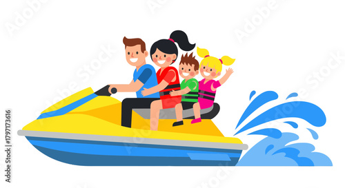 Joyful Family Riding A Jet Ski Across The Water For A Summer Fun Adventure