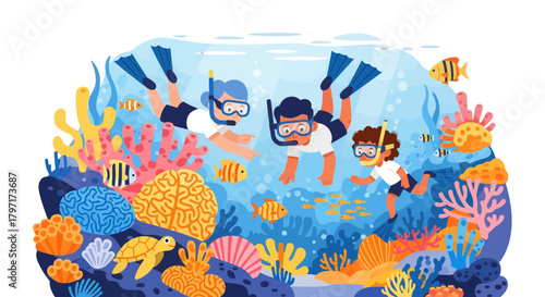 Joyful Family Scuba Diving Together Exploring Colorful Coral Reef Environment Scene