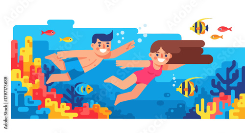 Joyful Couple Exploring Coral Reefs With Diverse Marine Life and Ocean Scenery