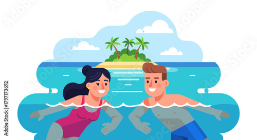 Joyful Couple Floating Together in Tropical Waters Near a Lush Island Paradise