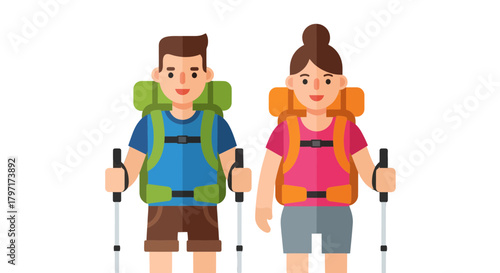 Joyful Couple Prepared For Hiking Adventure Through The Mountains With Backpacks