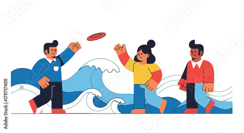 Joyful Friends Playing With a Flying Disc Near the Waves, Having Fun Together