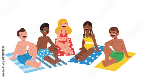 Joyful Friends Sunbathing on Beaches, Enjoying Summer Days and Sunlight Moments