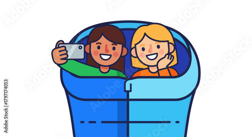 Joyful Friends Taking A Selfie While Camping Together Inside A Sleeping Bag