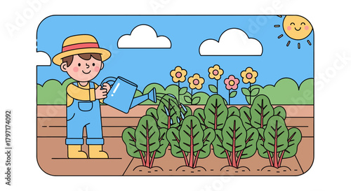 Joyful Gardener Nurturing Blooms And Vegetation Under A Smiling Sun And Skies