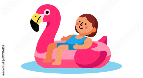 Joyful Girl Relaxing On A Pink Flamingo Float During Summertime Vacation