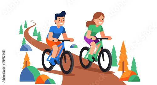 Joyful Cycling Couple Exploring a Scenic Trail Amidst Lush Forest Trees