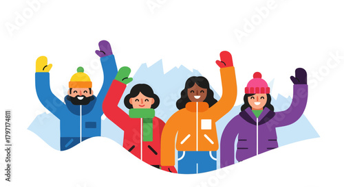 Joyful Group Celebrating Mountain Expedition Amidst Snowy Peaks for Adventure