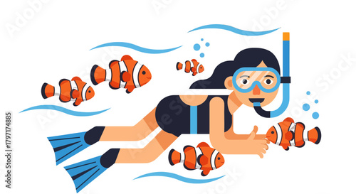 Joyful Diver Interacting With Clownfish In Vivid Underwater Paradise Scene