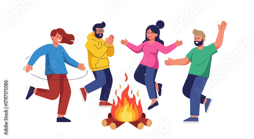 Joyful Group Dancing Around A Campfire On A Nighttime Occasion Celebration Of Fun