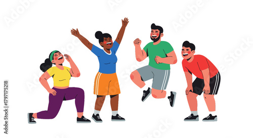 Joyful Group Engaged in Light Exercise Amidst Dark Backdrop of Enthusiasm and Exuberance