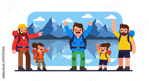 Joyful Group Hiking in Mountains with Backpacks Celebrating Their Adventure's Success