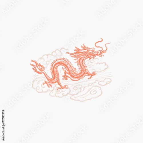 A stylized coral Chinese dragon is depicted mid-flight, surrounded by softly sketched clouds on a minimal white background.