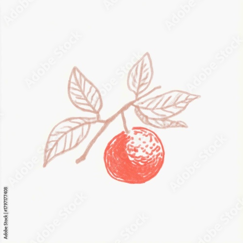 A minimal, stylized sketch features a coral-colored orange or cherry on a leafy branch with soft, muted tones.