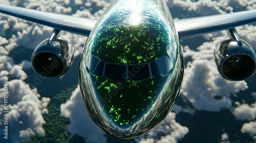 Photorealistic sustainable aviation fuel concept with modern aircraft and eco-friendly energy visuals, palette of emerald green, sky blue, and metallic silver, realistic clean energy aviation scene