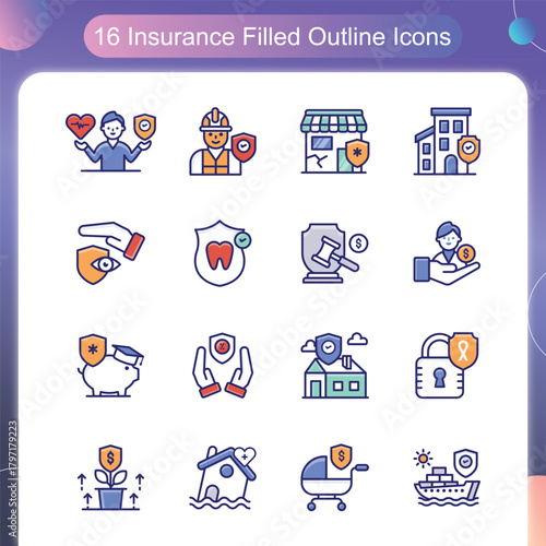 Insurance Filled Outline Style Set 3