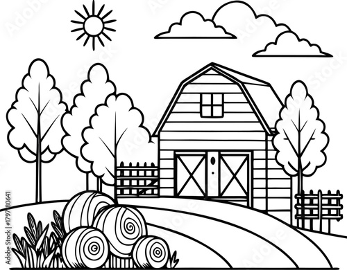  Barn and hay bales in fall field, simple black and white page ,coloring book vector, line art vector line art , black and white