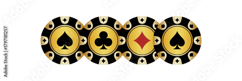 Four Casino Poker Chips with Card Suits isolated on a transparent background