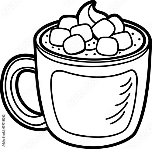   Hot chocolate mug with marshmallows, winter drink coloring book,coloring book vector, line art vector line art , black and white