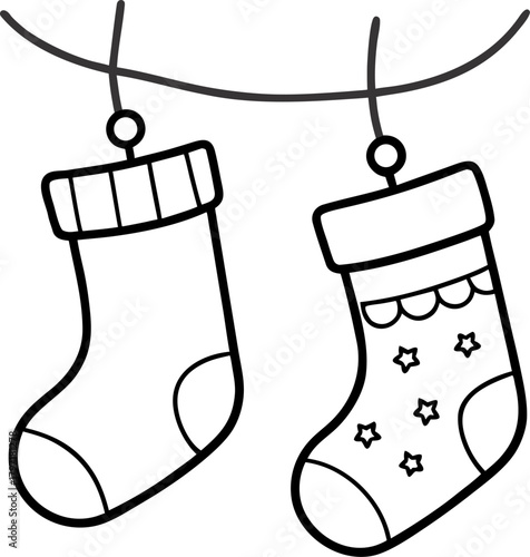  Hanging Christmas stockings, minimal line art, black and white ,coloring book vector, line art vector line art , black and white