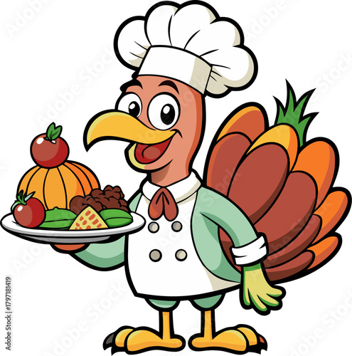 Turkey serving vegetables on tray, funny coloring page ,coloring book vector, line art vector line art , black and white