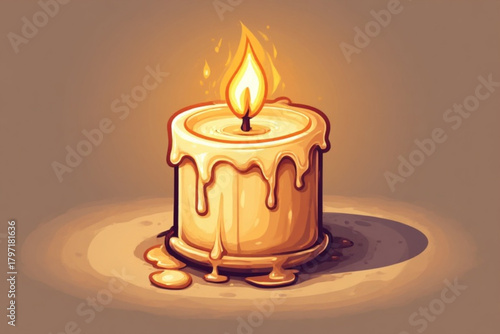 Illustration of a lit candle with dripping wax, casting a warm glow on a neutral background.