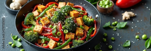 Vibrant stir-fried tofu with broccoli, red peppers, and sesame seeds