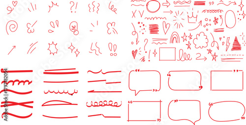 collection of hand-drawn vector elements in red, including  arrows, symbols, punctuation marks, asterisks, colons, underscores, crossings, and speech bubbles doodle, sketch, or grunge style