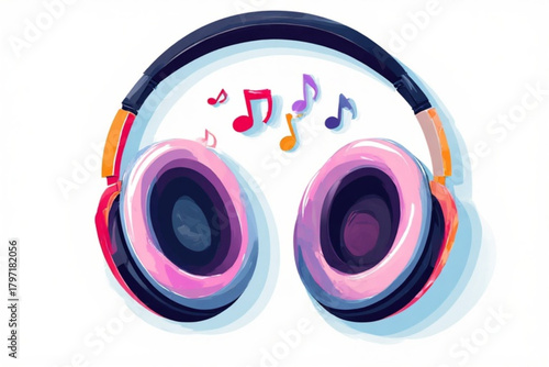 Illustration of pink and orange headphones with musical notes floating above them on a white background.