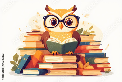 Cartoon owl wearing glasses sits atop a stack of books, reading a book.